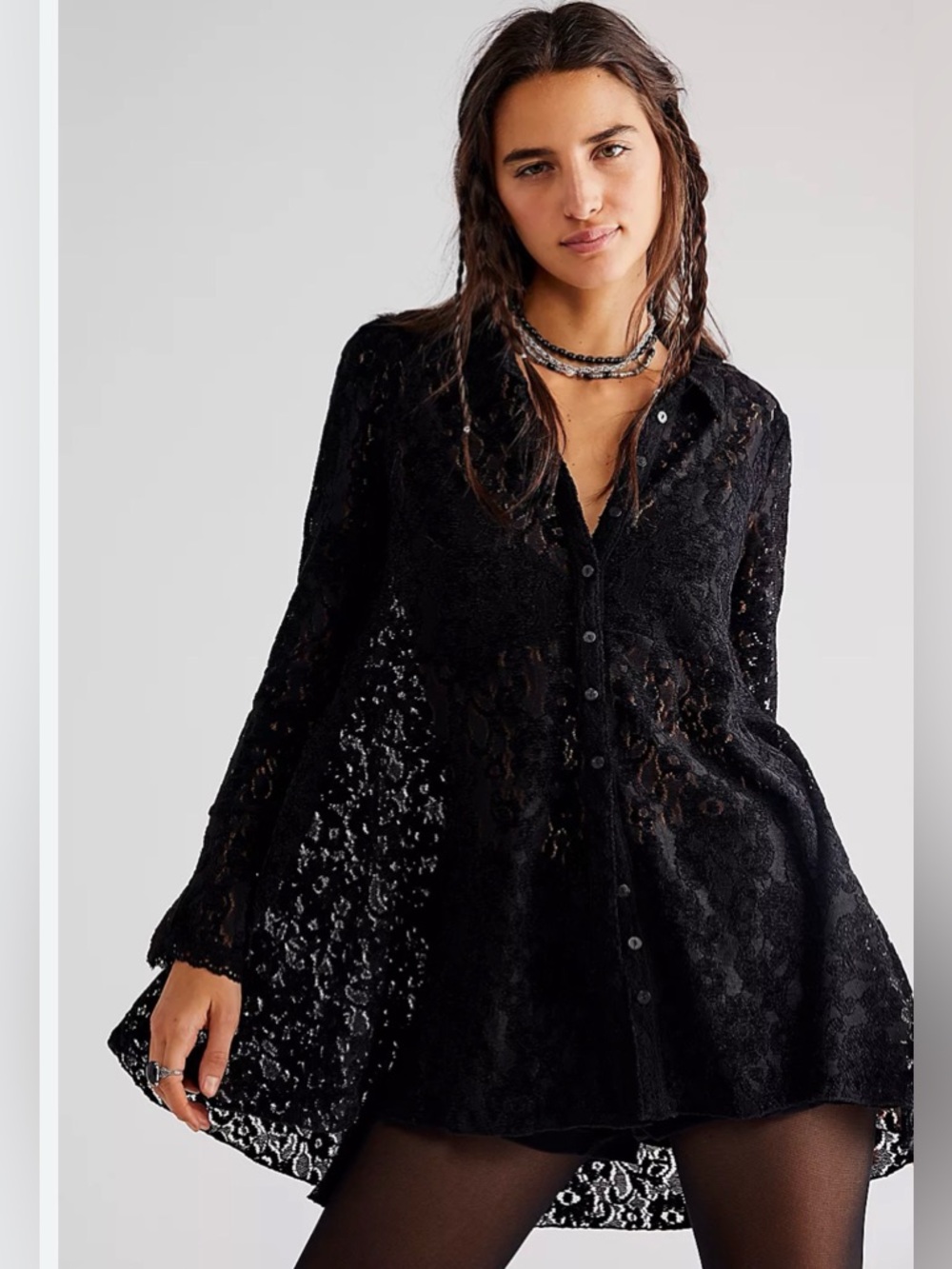 Free People Black Lace Button-Front Tunic Blouse